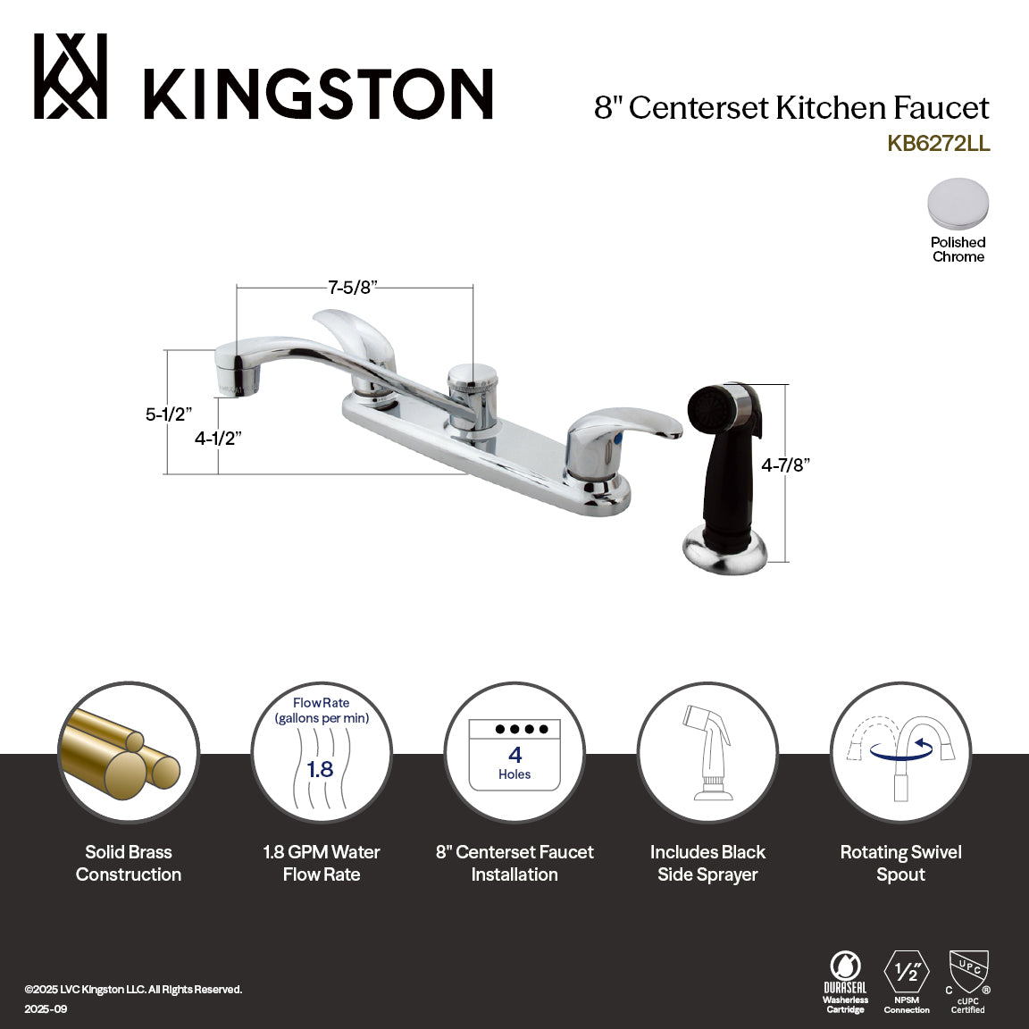 Kingston Tulare KB6272LL - Legacy Two-Handle 4-Hole 8" Centerset Kitchen Faucet with Side Sprayer, Polished Chrome — thumbnail 2